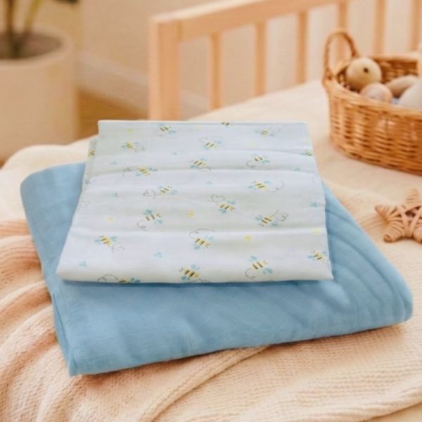 Muslin Swaddle White Print+Blue (Pack of 2)