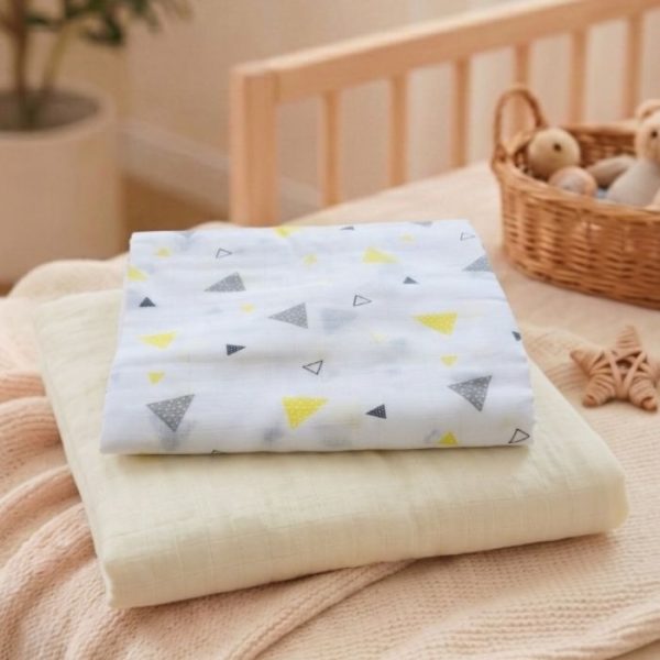 Muslin Swaddle White Print+Yellow (Pack of 2)