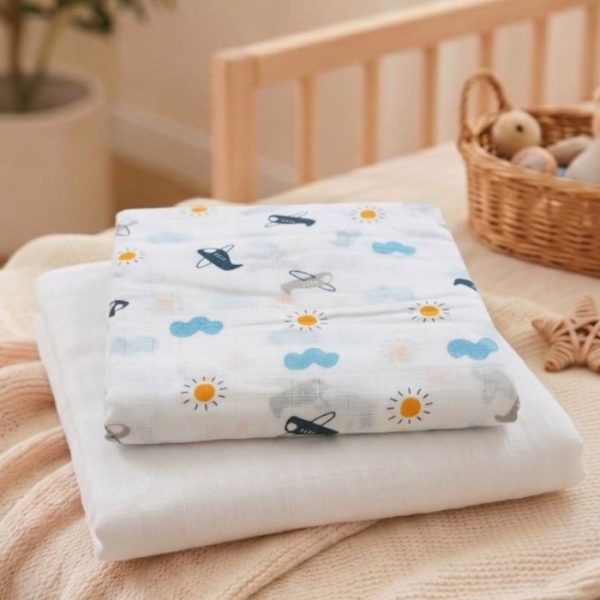 Muslin Swaddle White Print+White (Pack of 2)