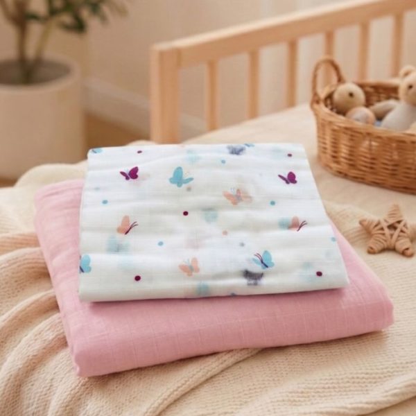 Muslin Swaddle White Print+Pink (Pack of 2)