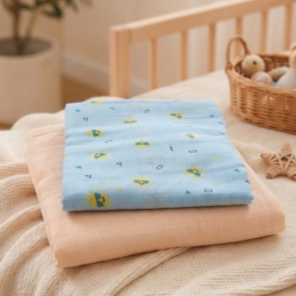 Muslin Swaddle Blue Print+Peach (Pack of 2)